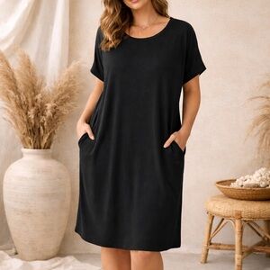 FE Basics Ribbed Oversize Minimalist Lagenlook Shirt Dress in Black